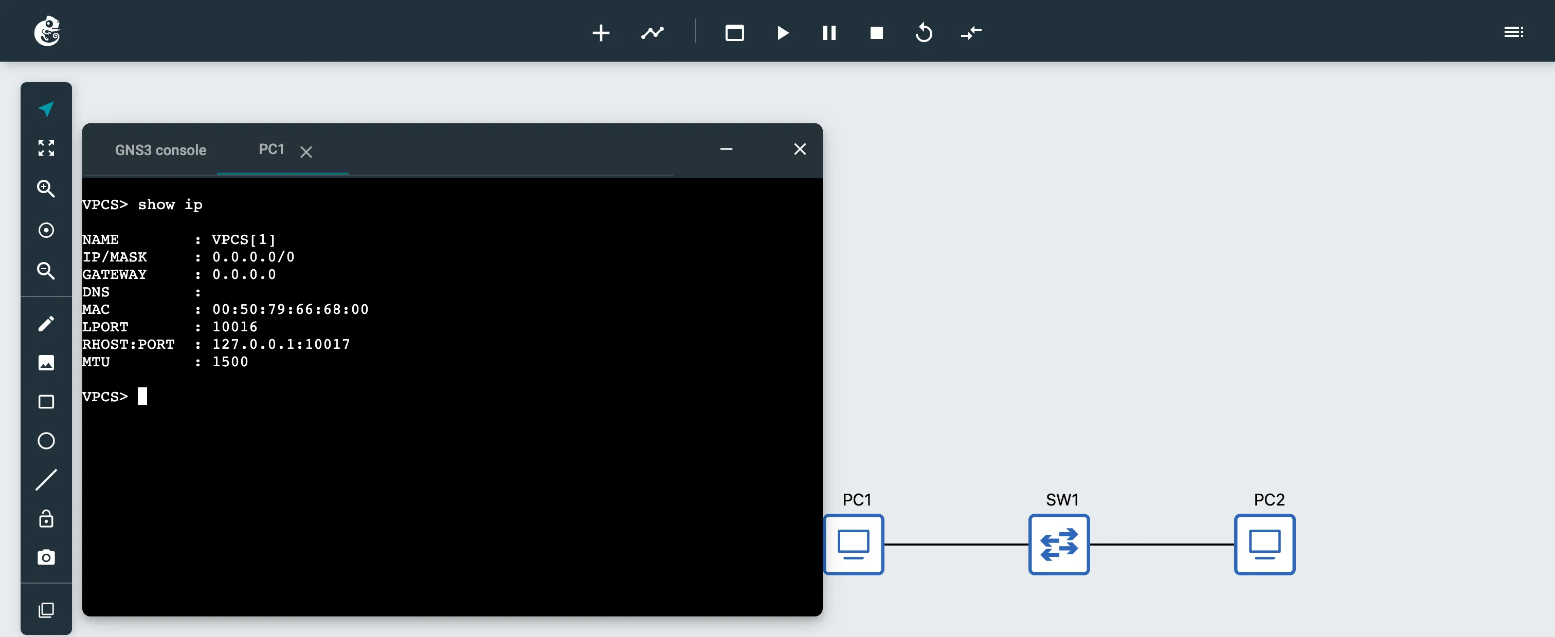 The "GNS3 console" window with the PC1 tab over the stand topology, running show ip